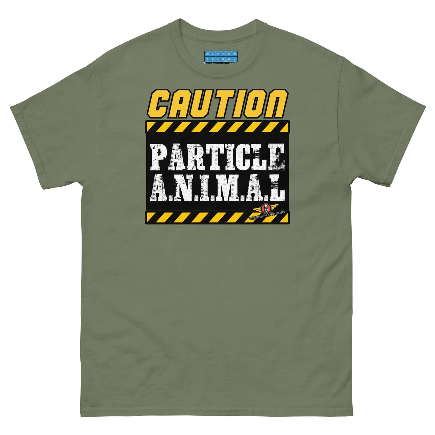 Particle Animal Caution Sign Physics T-Shirt | Science Humor Color: Military Green T-Shirt Size: S Apparel & Accessories Technium Foundry