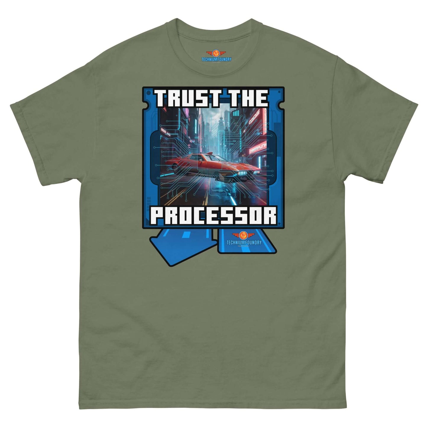 Cyberpunk "Trust the Processor" T-Shirt from Technium Foundry with retro-futuristic design in Science & Tech Apparel Collection.