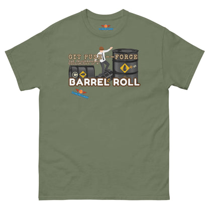 Green "Git Push --Force: Barrel Roll Edition" Tee featuring a coder doing tricks on barrels, from Science & Tech Apparel Collection.