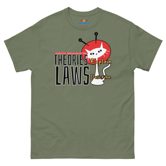 Green tee featuring "Theories Explain, Laws Describe" text with a scientific cat graphic from Technium Foundry's Science & Tech Apparel Collection.