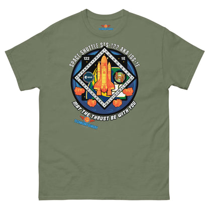 Green Space Shuttle Tee featuring reimagined NASA STS-122 mission patch design by Technium Foundry, from the Science & Tech Apparel Collection.