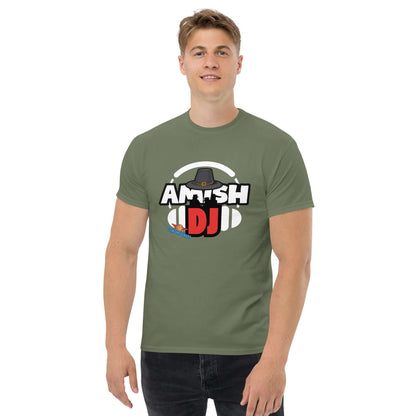 "Man wearing green 'Amish DJ' t-shirt, part of Science & Tech Apparel Collection by Technium Foundry"