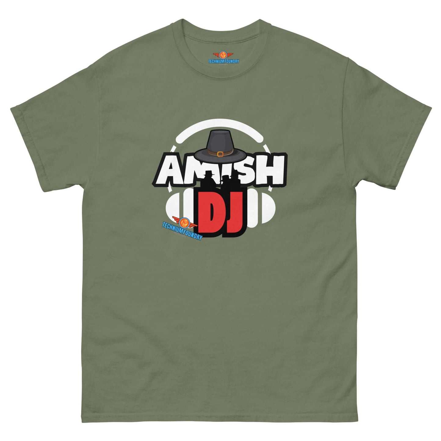 "Amish DJ Tee from Science & Tech Apparel Collection by Technium Foundry - green shirt with quirky DJ graphic"