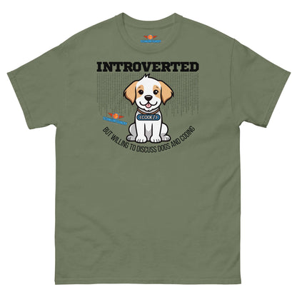 Olive green "Introverted (But Willing To Discuss Dogs)" tee from Technium Foundry's Science & Tech Apparel Collection featuring puppy design.