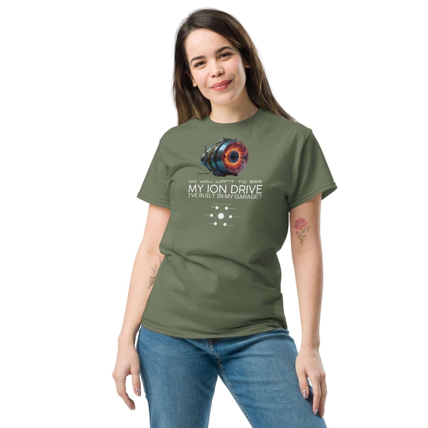 Woman wearing "Garage-Built Ion Drive" tee from Science & Tech Apparel Collection by Technium Foundry.