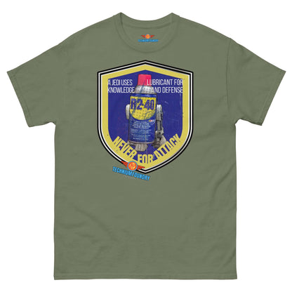 Olive green tee with "A Jedi Uses WD-40" graphic, part of the Science & Tech Apparel Collection by Technium Foundry.