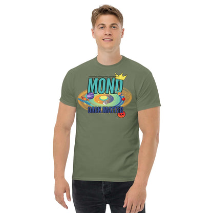 "MOND vs Dark Matter Tee from Science & Tech Apparel Collection by Technium Foundry, featuring cosmic debate design with crown graphic."