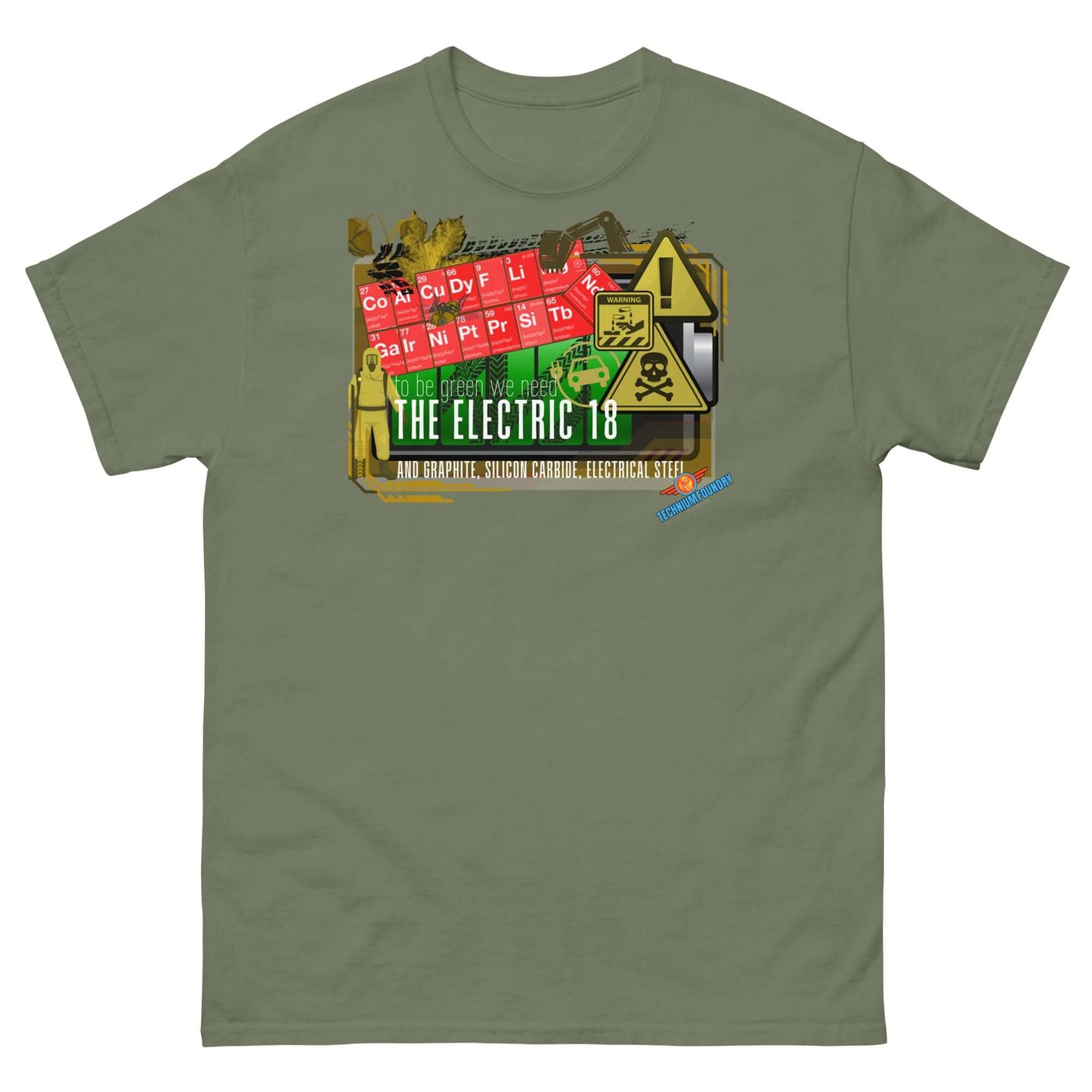 The Electric 18 Tee featuring a vibrant periodic table design on an olive green shirt, part of the Science & Tech Apparel Collection.