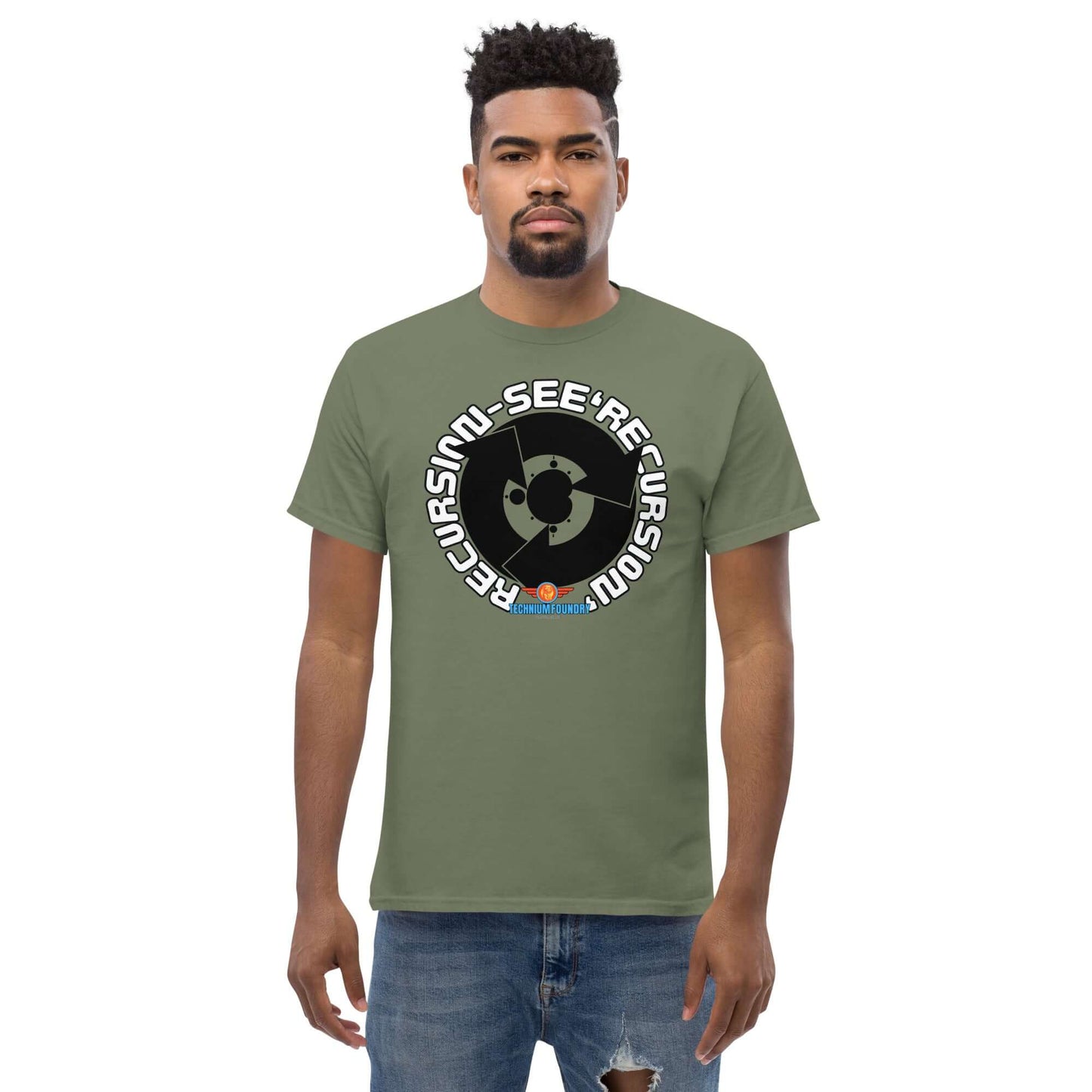 Man wearing Recursion tee from Science & Tech Apparel Collection by Technium Foundry, featuring a circular design and computer code humor.