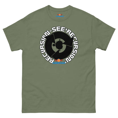 Green tee with "Recursion: See 'Recursion'" design from Technium Foundry's Science & Tech Apparel Collection.