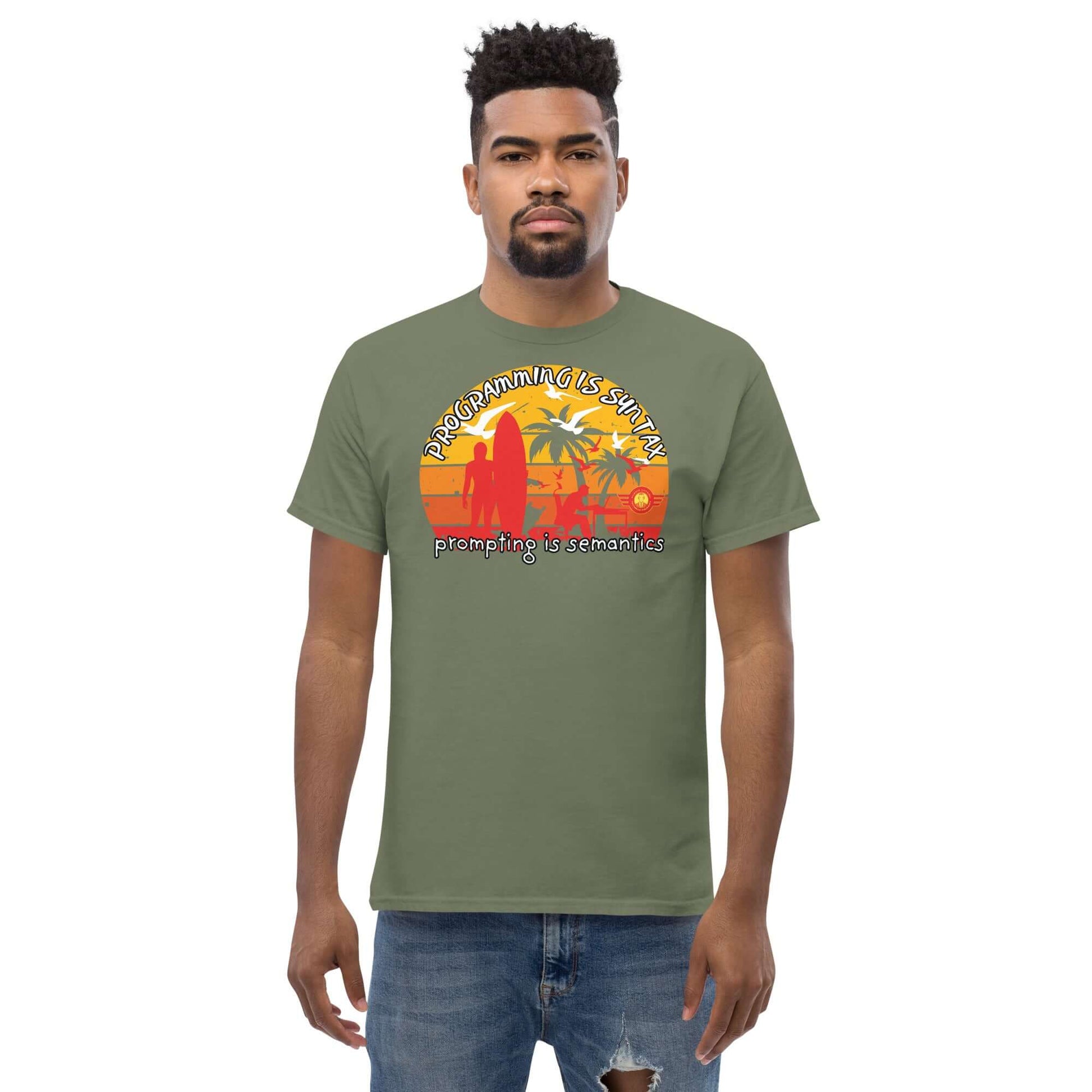 "Programming is Semantics tee with retro sunset design, part of the Science & Tech Apparel Collection by Technium Foundry."