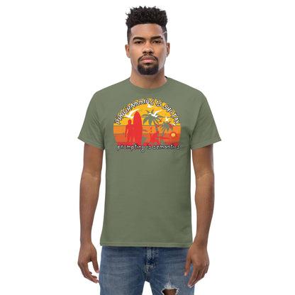 "Programming is Semantics tee with retro sunset design, part of the Science & Tech Apparel Collection by Technium Foundry."