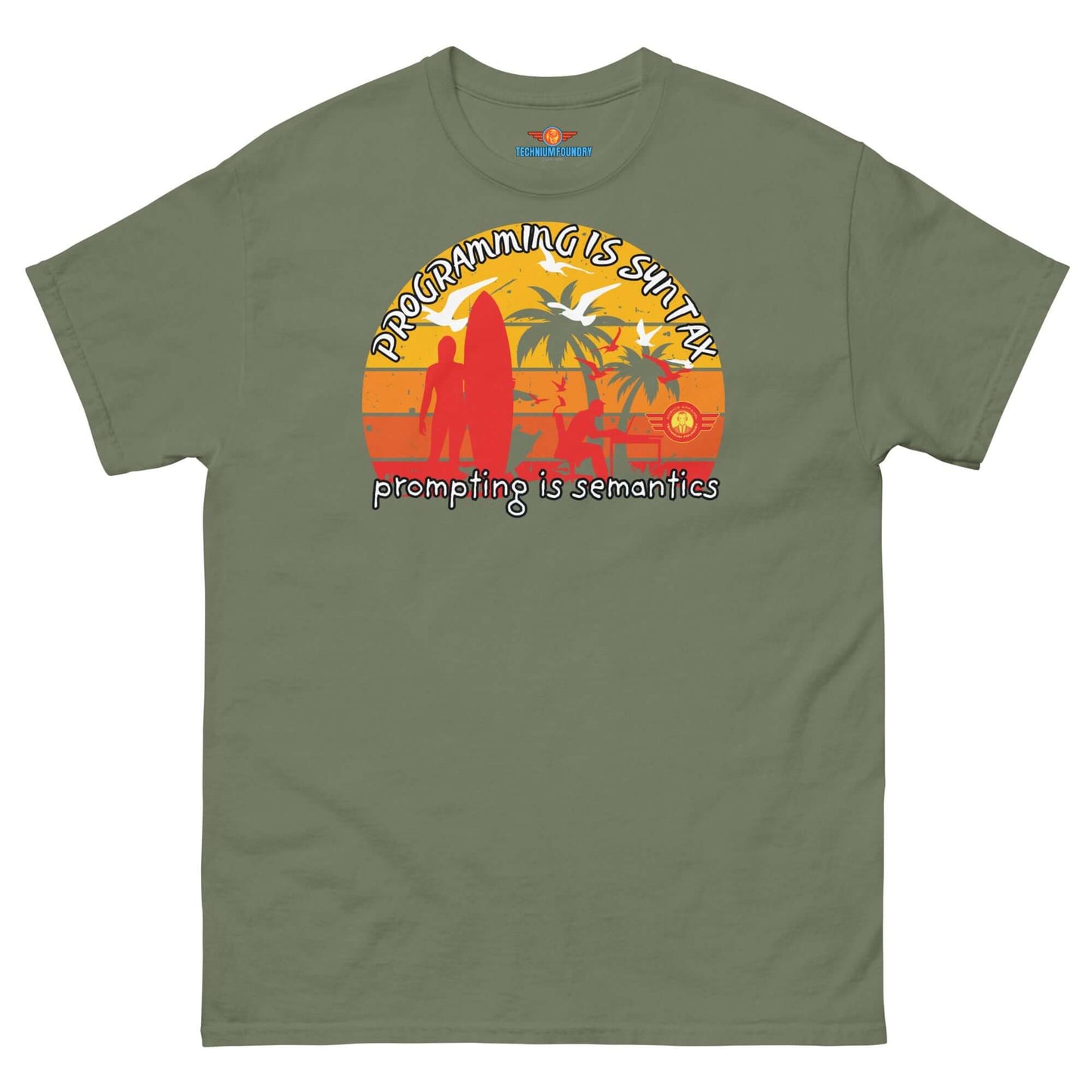 Retro sunset programming t-shirt with palm trees and surfboards, "Programming is Syntax" design; part of the Science & Tech Apparel Collection by Technium Foundry.