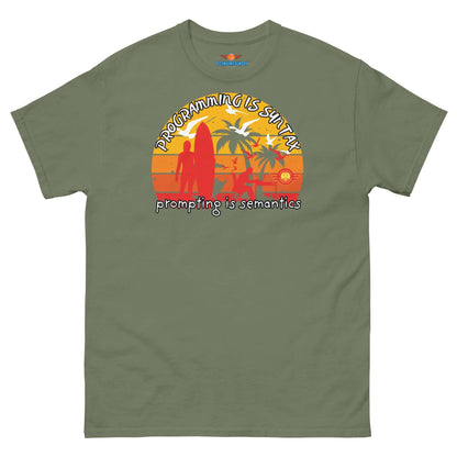 Retro sunset programming t-shirt with palm trees and surfboards, "Programming is Syntax" design; part of the Science & Tech Apparel Collection by Technium Foundry.