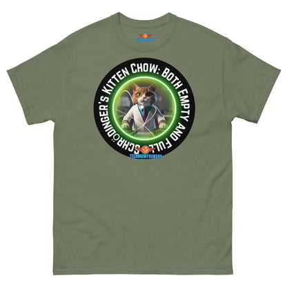 Quantum Fashion Tee featuring feline philosopher from Technium Foundry - Schrödinger's Kitten Chow design in green.