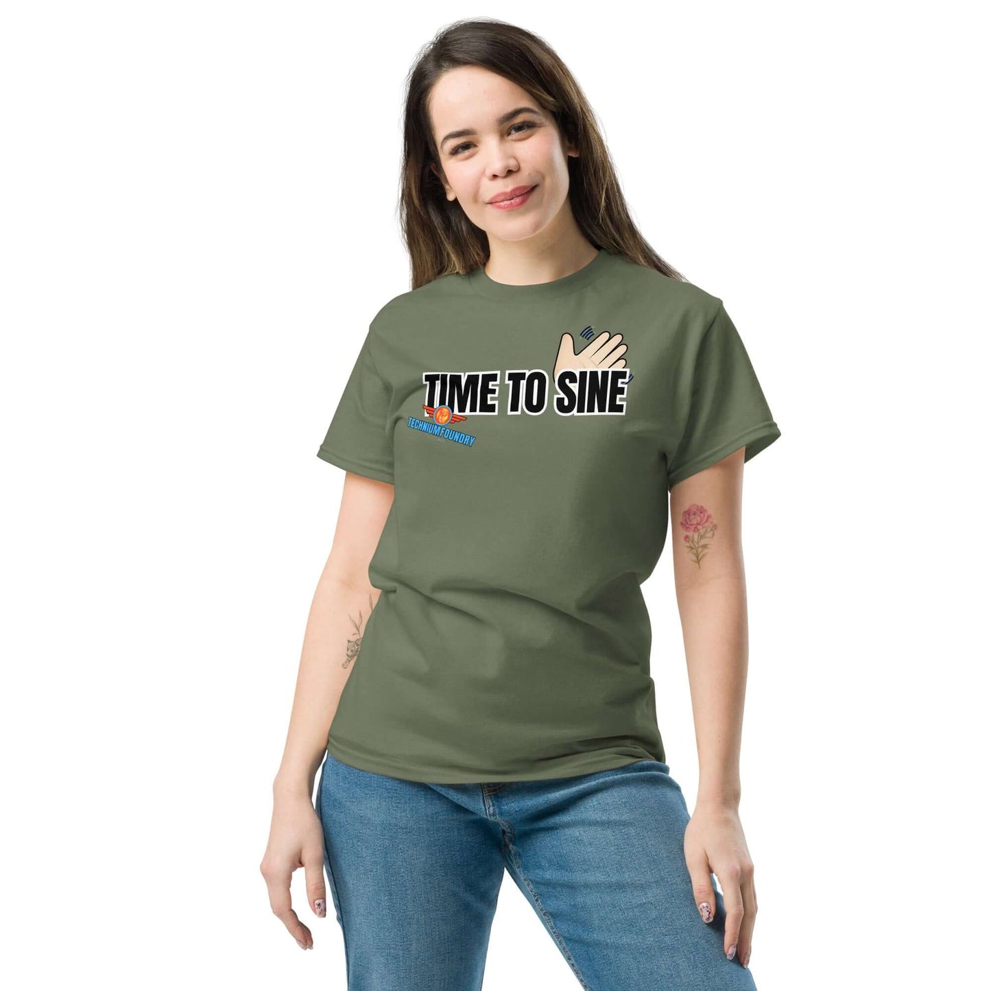 Woman wearing "Time to Sine" tee by Technium Foundry, featuring hand gesture in a sine wave design. Quantum Fashion style statement.