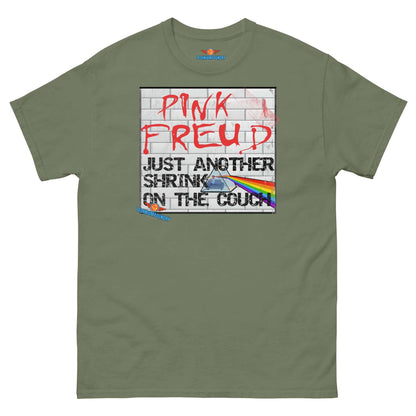 Pink Freud Tee - Psychedelic rock meets psychoanalysis, Quantum Fashion by Technium Foundry, olive green shirt design.