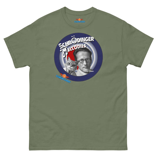 Green Schrödinger's Melodies Tee featuring physics and music crossover design with Erwin Schrödinger graphic.