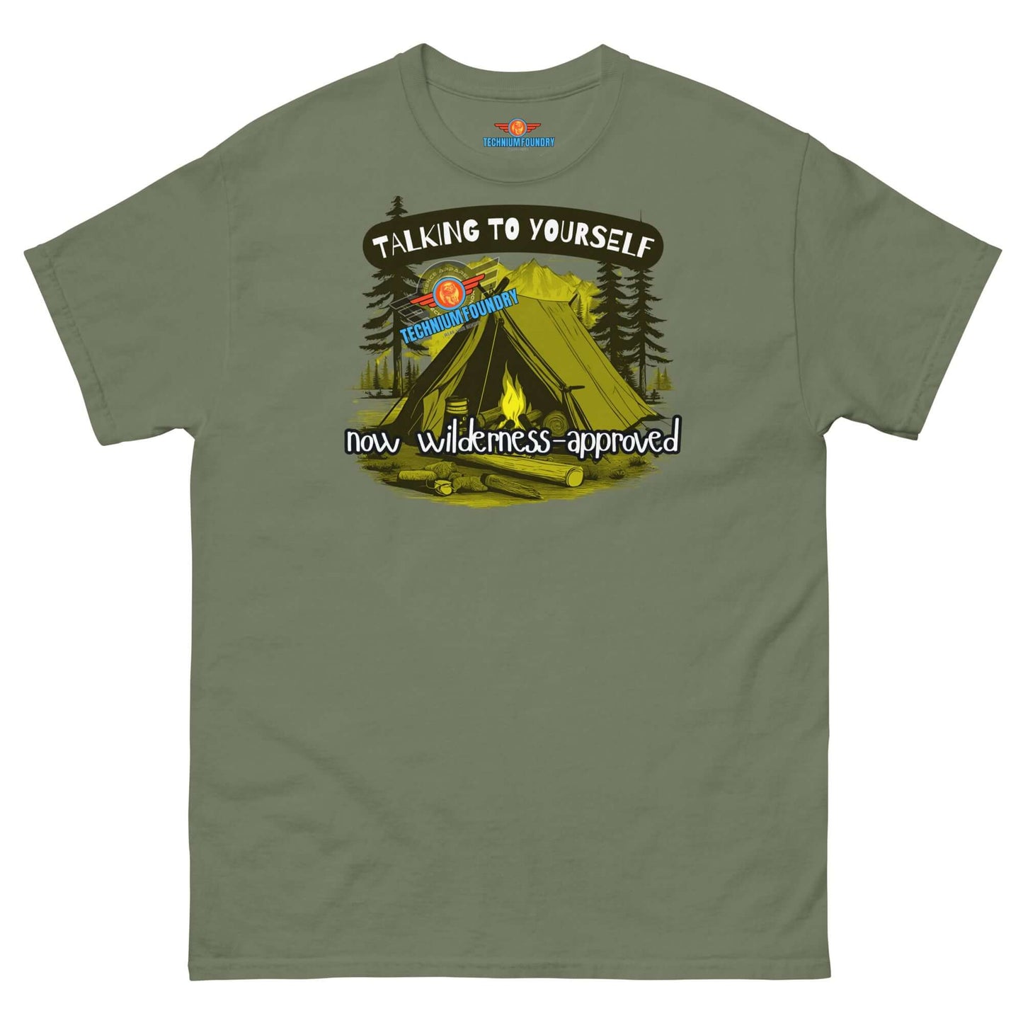 Funny camping t-shirt with "Talking to Yourself: Now Wilderness-Approved" design featuring a tent and trees for outdoor enthusiasts.