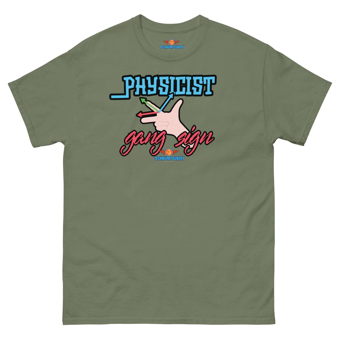 "Physicist Gang Sign Tee with vector math design on olive green shirt, blending academic humor with street style."