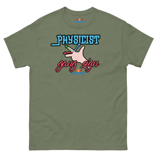 "Physicist Gang Sign Tee with vector math design on olive green shirt, blending academic humor with street style."