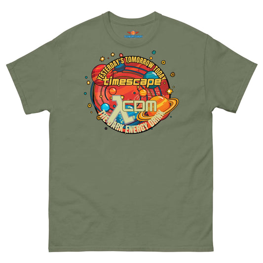 Retro-futuristic "Yesterday's Tomorrow Today" tee with cosmic design and vaporwave aesthetics on an olive green background.