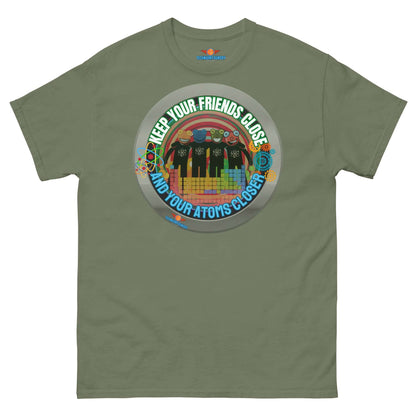 Green tee with "Keep Your Friends Close and Your Atoms Closer" design featuring atoms and cityscape in retro-circle style.