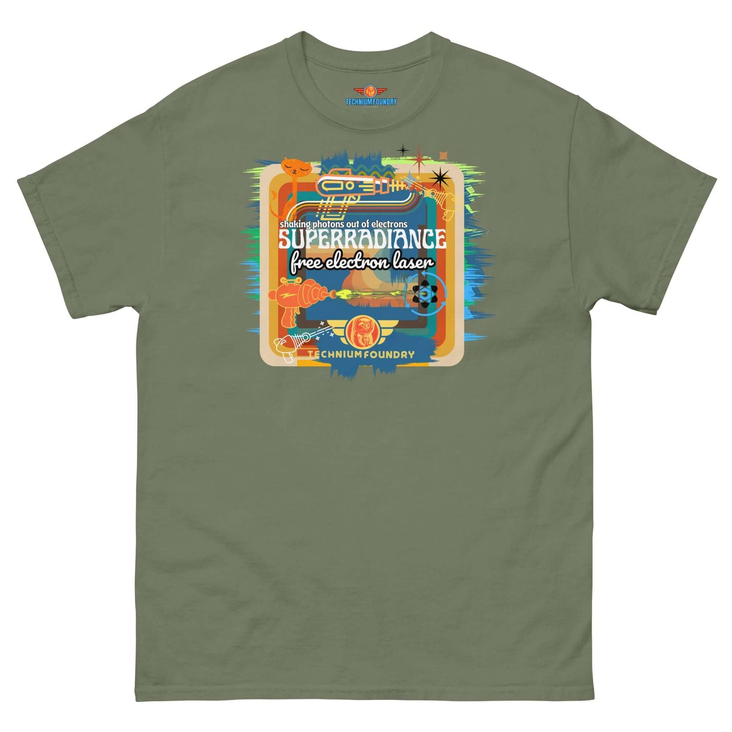 Superradiance Free Electron Laser T-Shirt in green with retro science design mocking 1980s marketing style.