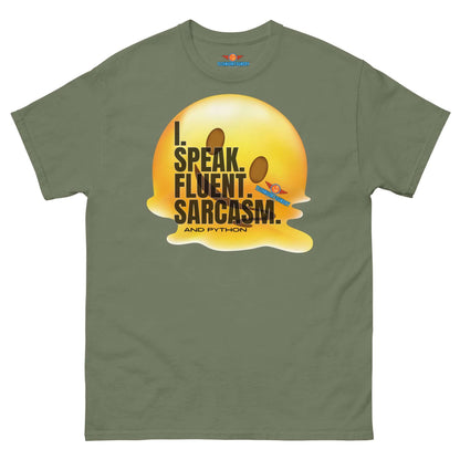 Olive green T-shirt with "I Speak Fluent Sarcasm and Python" text featuring a melting smiley design by Technium Foundry.