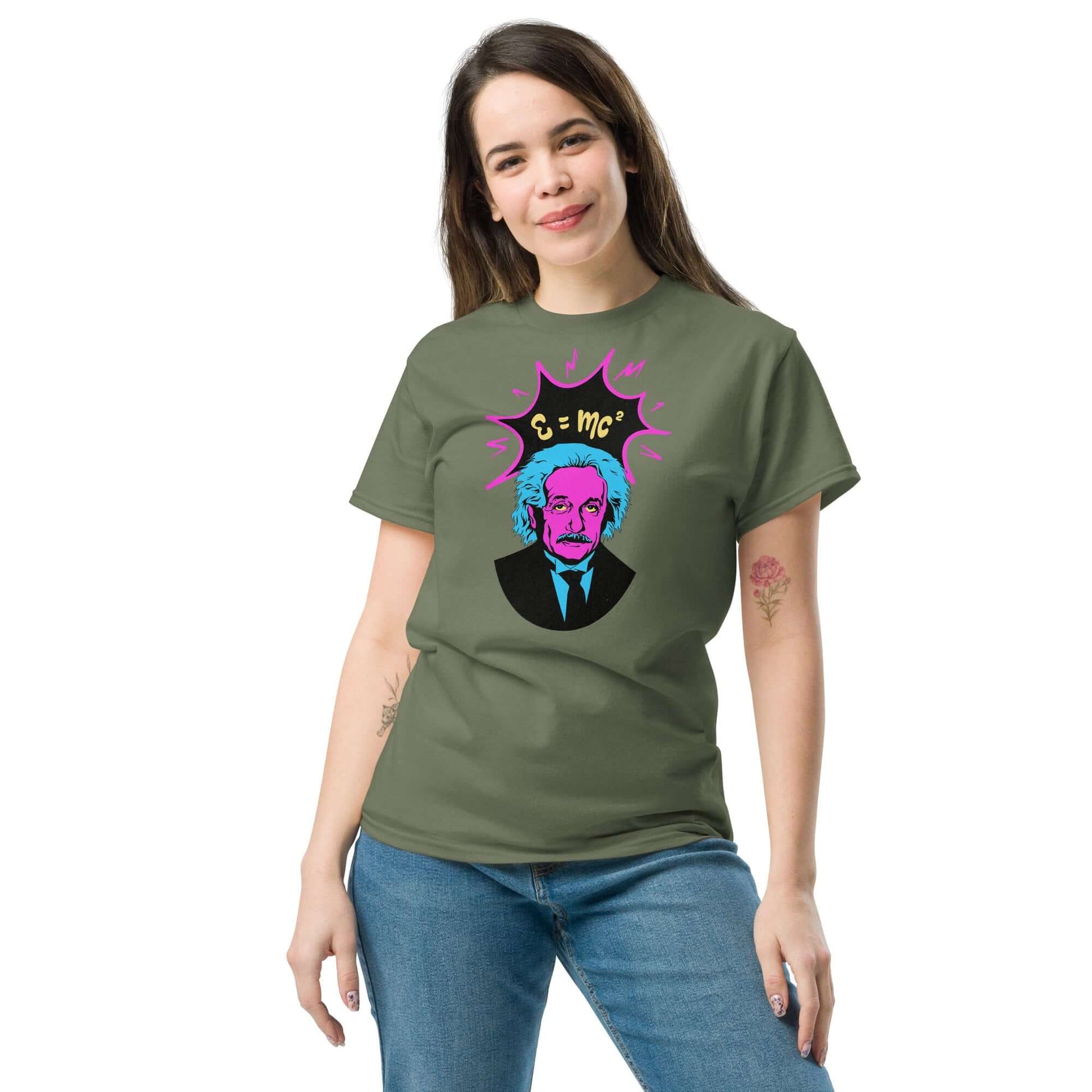 Woman wearing E=mc² pop art Einstein t-shirt in neon colors, showcasing a blend of cyber-punk and pop-art style by Technium Foundry.