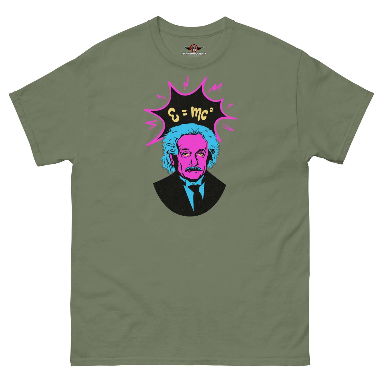 Pop Art Einstein T-Shirt with E=mc² Design in Neon Colors on Olive Green Fabric by Technium Foundry