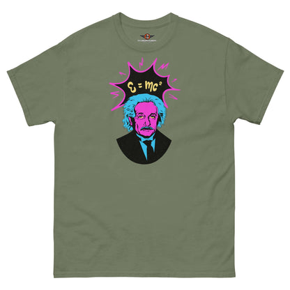 Pop Art Einstein T-Shirt with E=mc² Design in Neon Colors on Olive Green Fabric by Technium Foundry