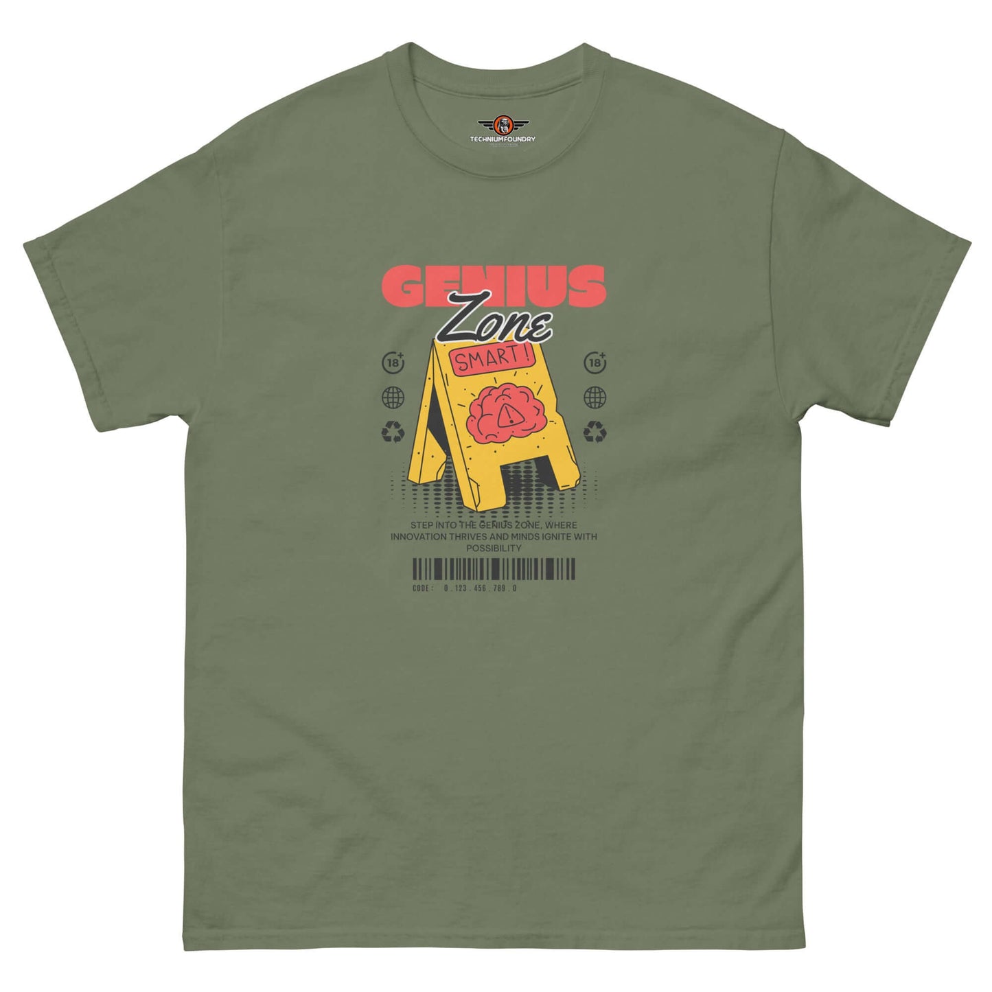 Olive green Genius Zone Caution T-Shirt with retro-tech brain warning sign by Technium Foundry. Perfect for deep thinkers!