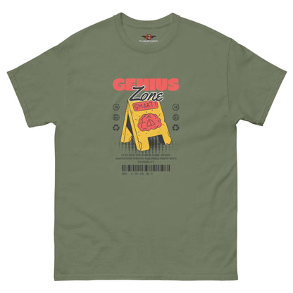 Olive green Genius Zone Caution T-Shirt with retro-tech brain warning sign by Technium Foundry. Perfect for deep thinkers!