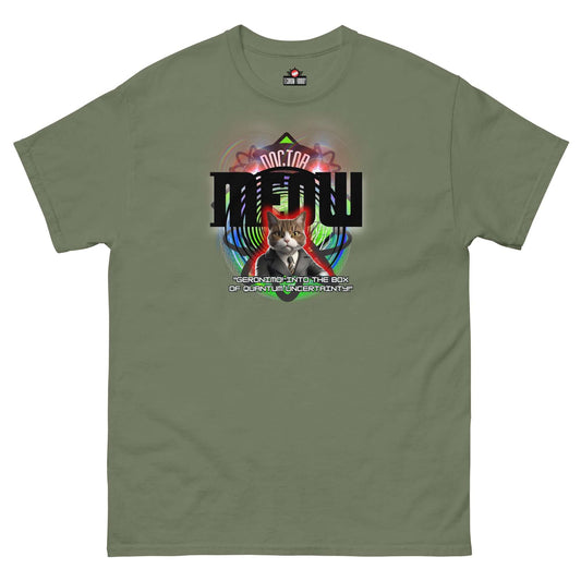 "Doctor Meow T-Shirt featuring a Time Lord cat with green background by Technium Foundry"