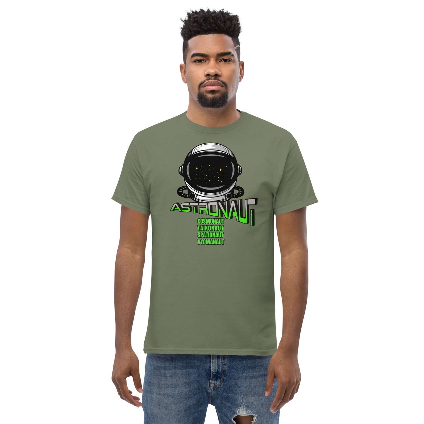 Man wearing Space Explorer Synonyms T-Shirt by Technium Foundry featuring astronaut terms on an olive green background.