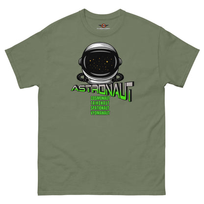 Sage green t-shirt with astronaut helmet graphic and synonyms for astronaut, including cosmonaut, taikonaut, and spationaut.