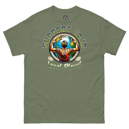 "Support Your Local Planet T-Shirt by Technium Foundry featuring eco-hero design on premium green eco-conscious cotton"