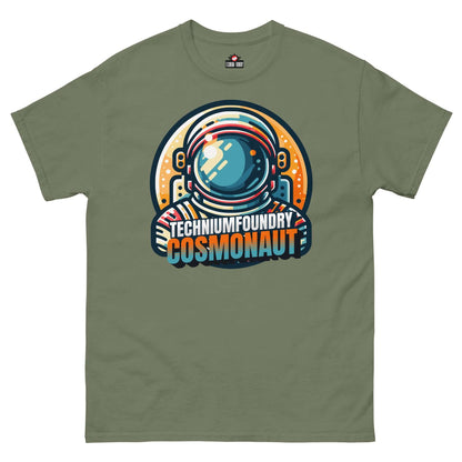 Technium Foundry Cosmonaut T-Shirt with vintage space-race design and retro cosmonaut helmet on an olive green background.