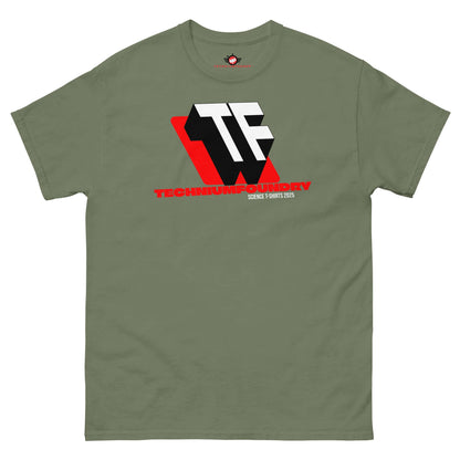 Olive green t-shirt featuring bold Technium Foundry TF monogram with red accents and geometric design, 2025 logo edition.