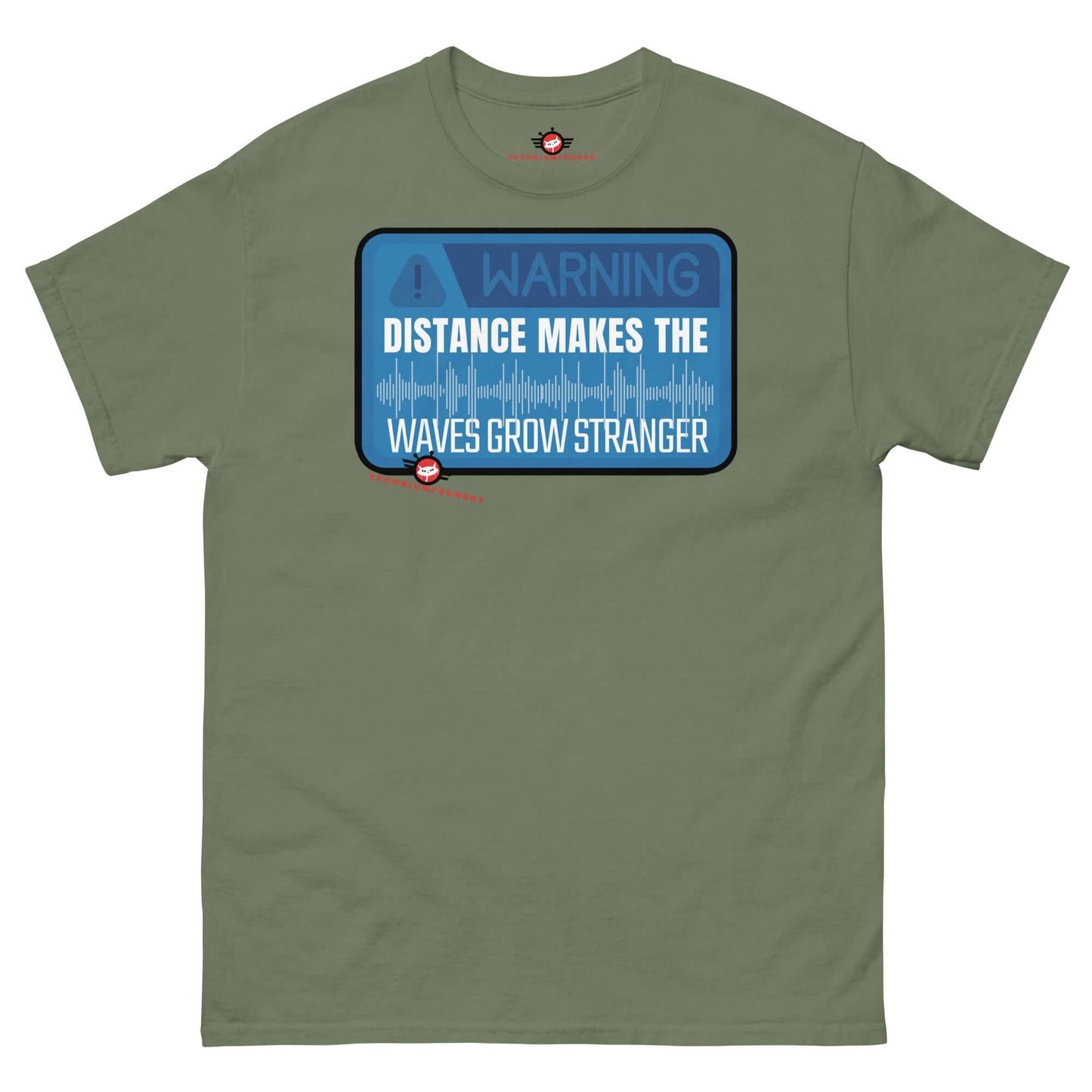 "Warning: Waves Get Stronger T-Shirt in olive green from Technium Foundry, featuring a quirky wave propagation design for science geeks."