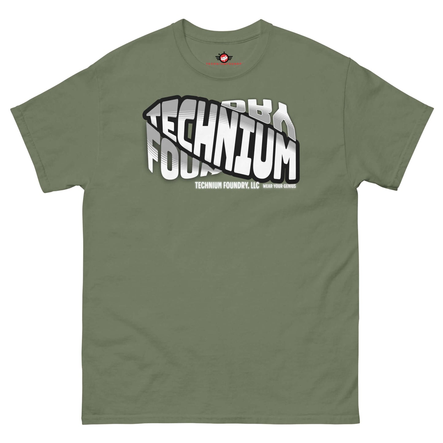 Technium Foundry Core Logo T-Shirt in olive green, featuring a dynamic typography design. Perfect for science geek shirts and quantum apparel.