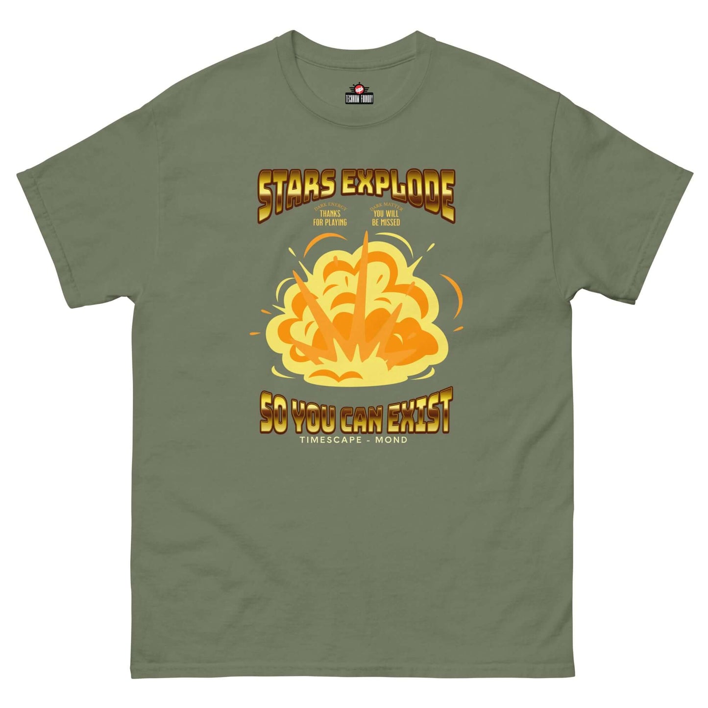 Cosmic origin t-shirt with supernova explosion design for science enthusiasts, by Technium Foundry. Quantum apparel for science geeks.