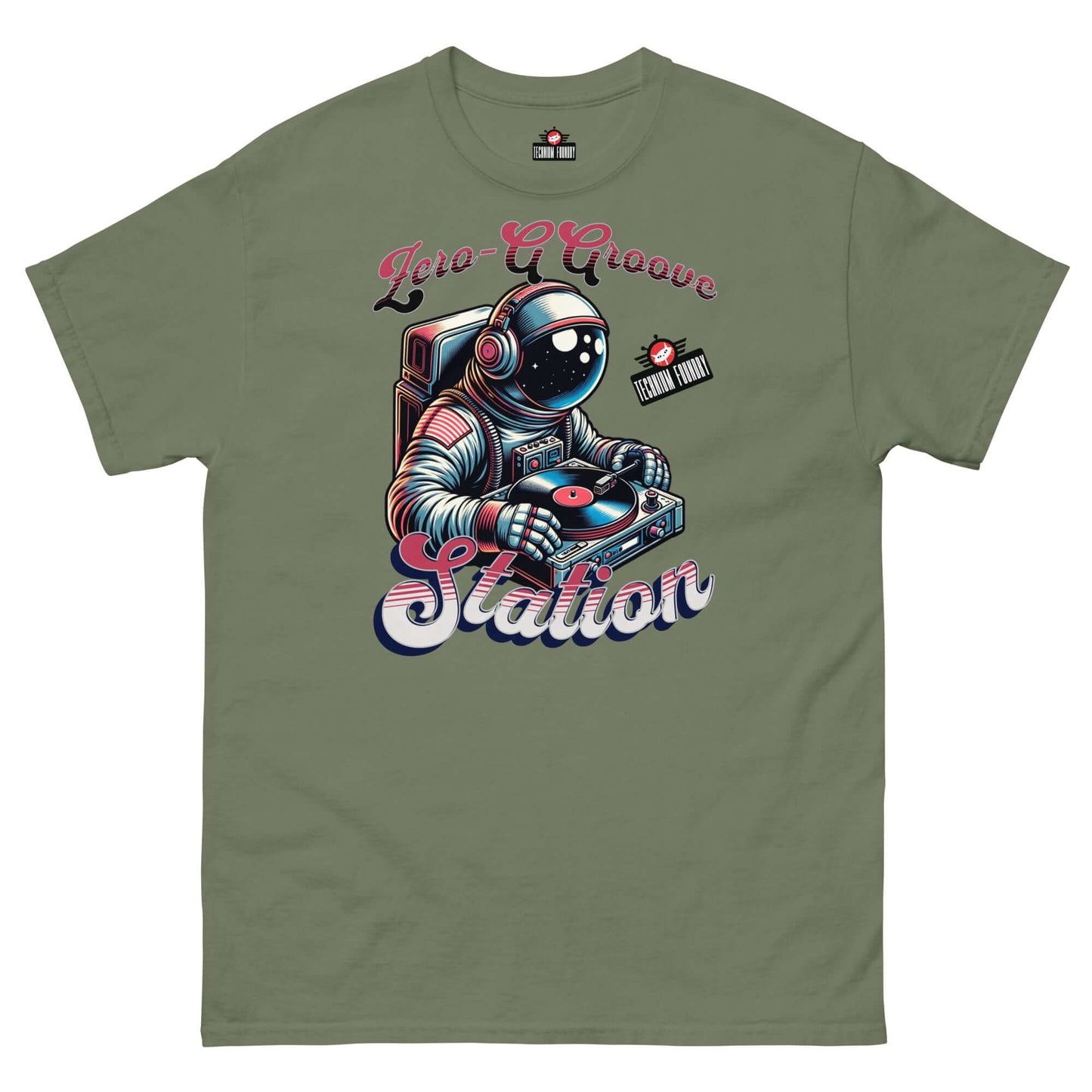 Zero-G Groove Station T-Shirt with astronaut DJ design by Technium Foundry on olive green fabric.