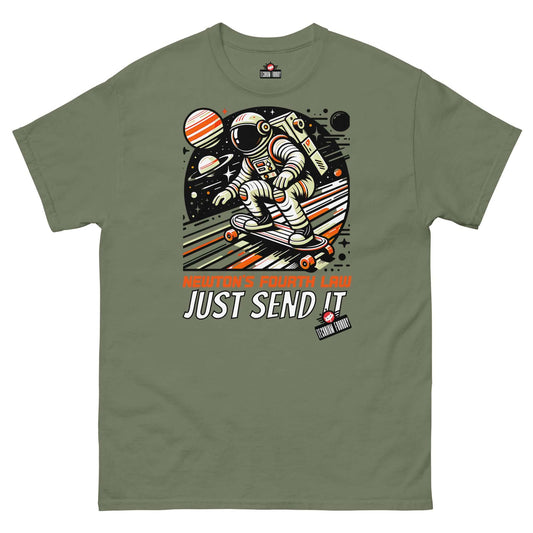 "Newton's Fourth Law Just Send It T-Shirt with Cosmic Skater by Technium Foundry"