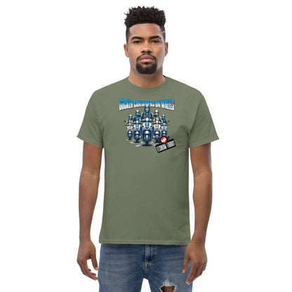 Docker Containers on Wheels T-Shirt by Technium Foundry featuring container orchestration design, olive green.