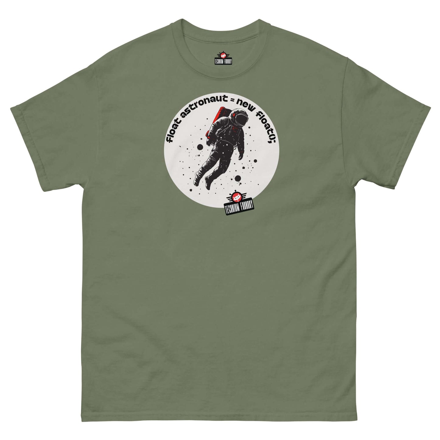 Olive green t-shirt featuring a minimalist astronaut graphic with text "First Astronaut = New Branch()" by Technium Foundry.