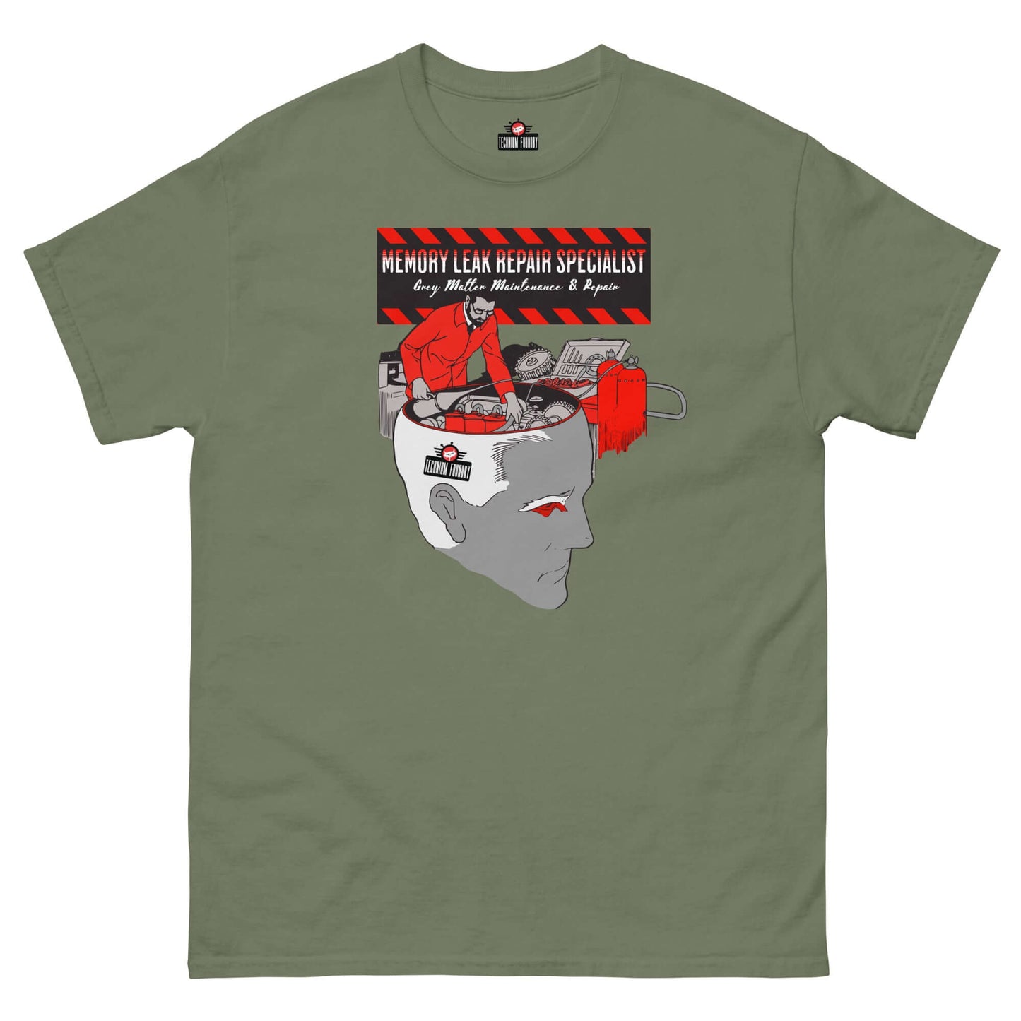 Olive green T-shirt featuring Memory Leak Repair Specialist design by Technium Foundry with a tech-themed illustration.