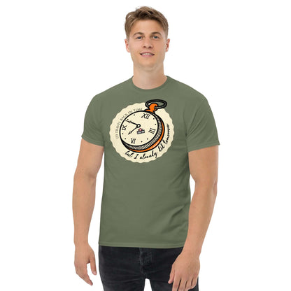 Man wearing "Time Travel Paradox" T-shirt with pocket watch design by Technium Foundry, green color, casual fit.