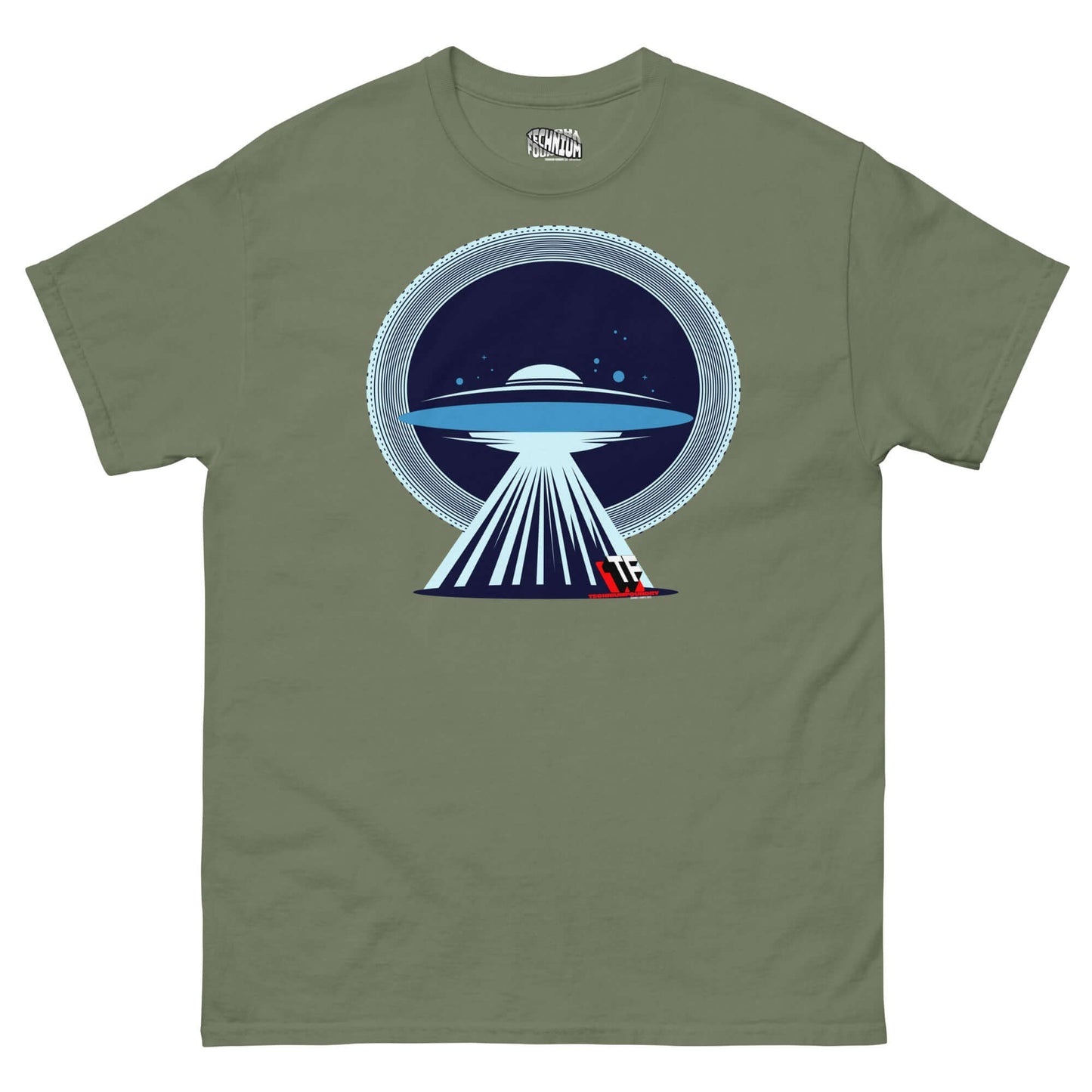 UFO Christmas T-shirt by Technium Foundry featuring a UFO with a red sleigh in the tractor beam, combining aliens and holiday cheer.